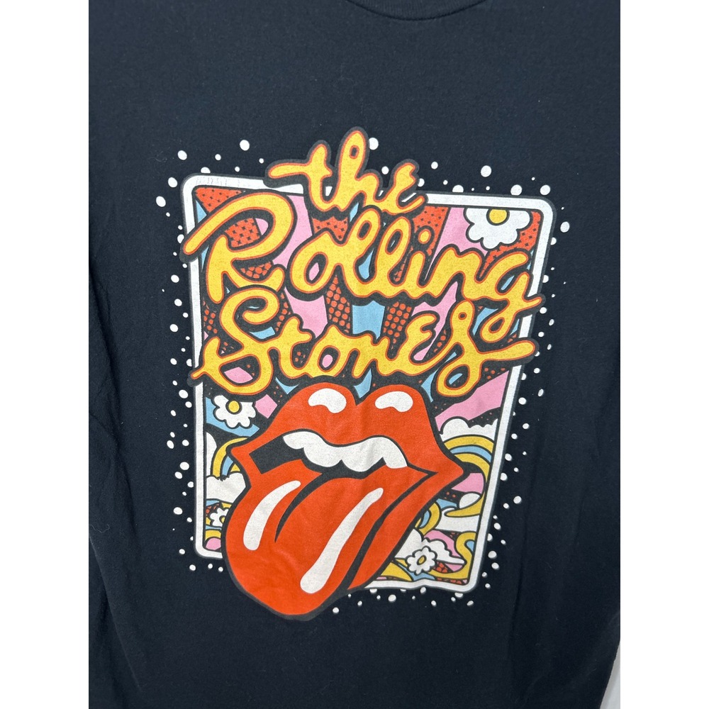 The Rolling Stones‎ T-Shirt Black Graphic Tee Band Music Flowers Medium Retro